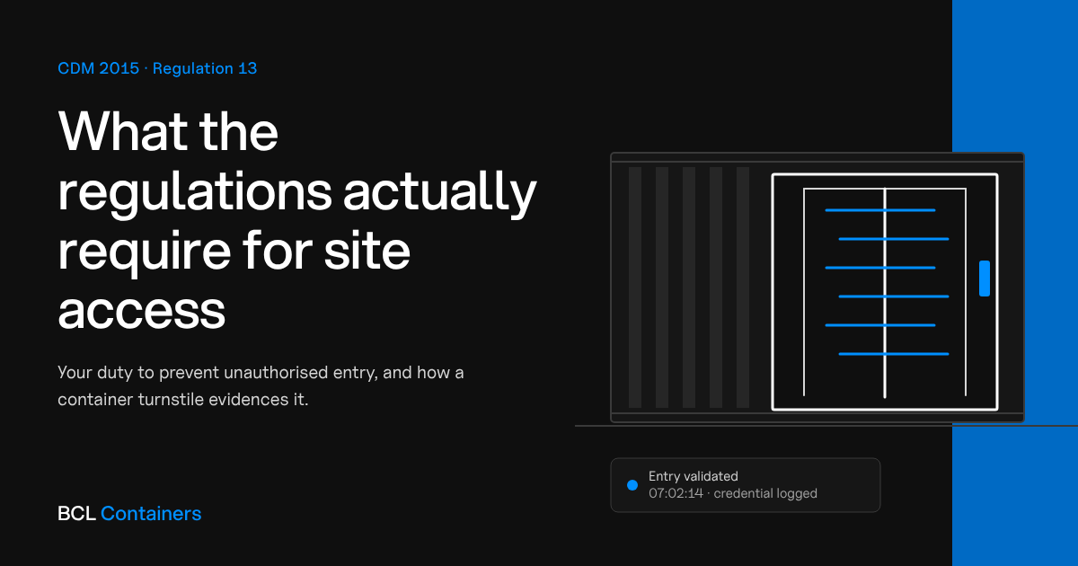 Line drawing of a shipping container turnstile with an entry validated log, beside the title What the regulations actually require for site access